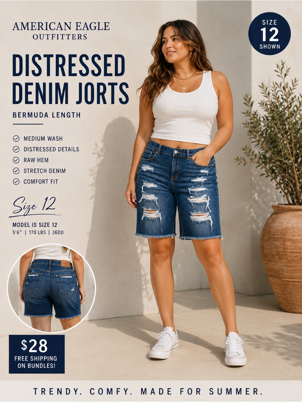 American Eagle Distressed Bermuda Jorts Shorts Size 12 Raw Hem Denim